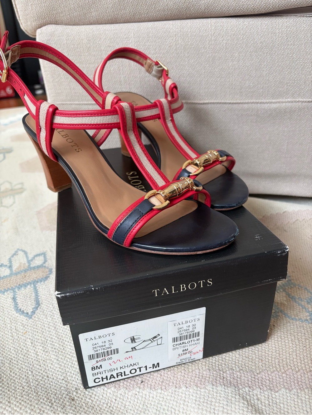 Talbots Charlot Red and Navy T-Strap Mid Heel Sandals